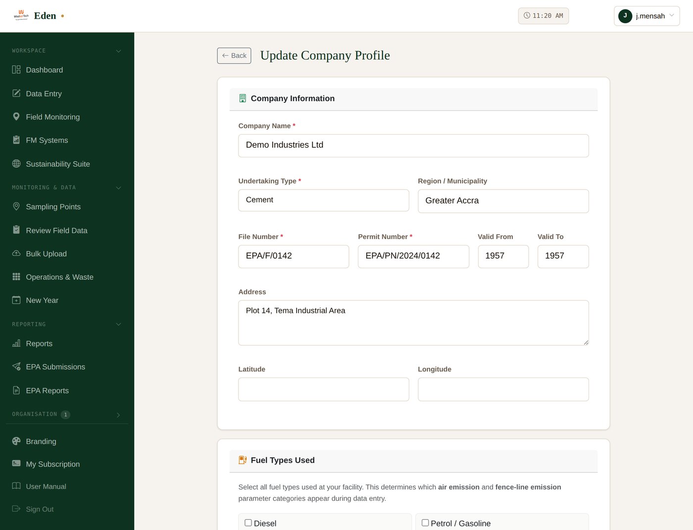 The company profile, with the “Where you operate” panel for adding the countries you work in.